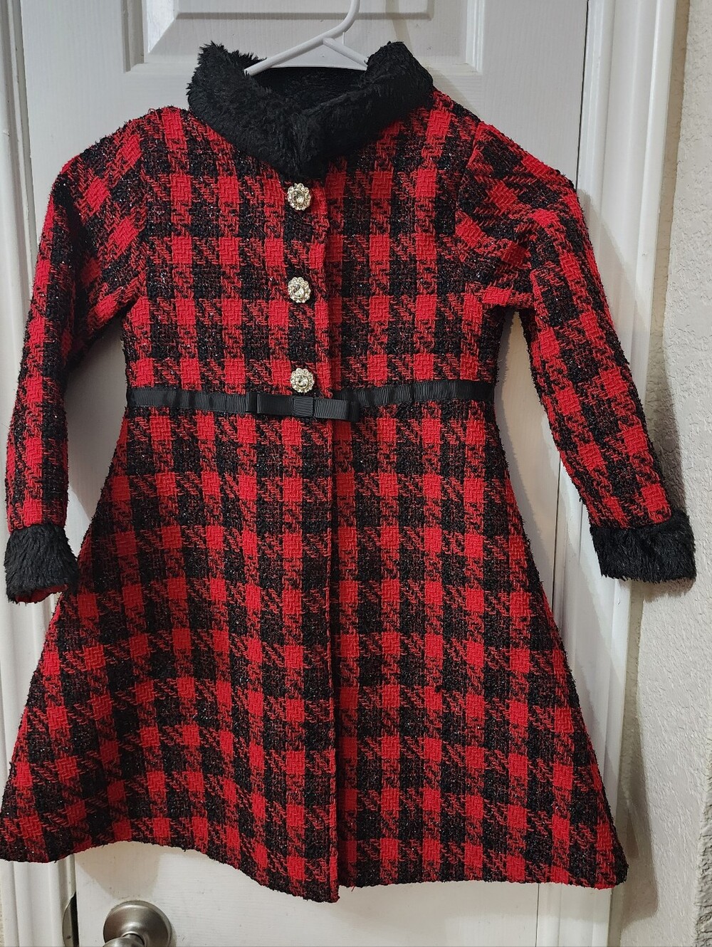 Girls' Red & Black Plaid Dress Coat with Faux Fur Trim